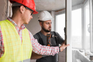 dois trabalhadores fazendo acabamento em abertura de alumínio